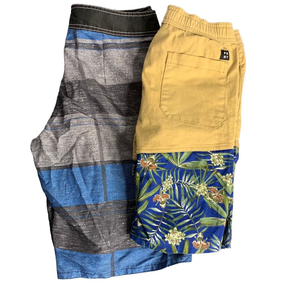 Lot of 2 Pull On Shorts Ezekiel PRNTD 28 Black Blue Stripe Pockets Drawstring